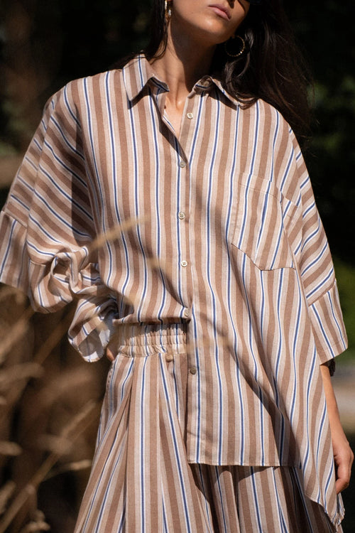 Ensemble Blandine – Chemise oversize et pantalon large rayé - Beige