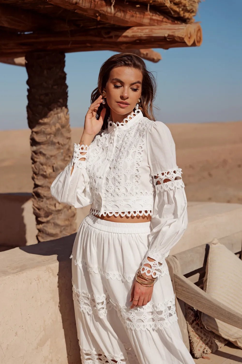 Ensemble Amara – Ensemble bohème chic en coton blanc avec dentelle 100% Coton