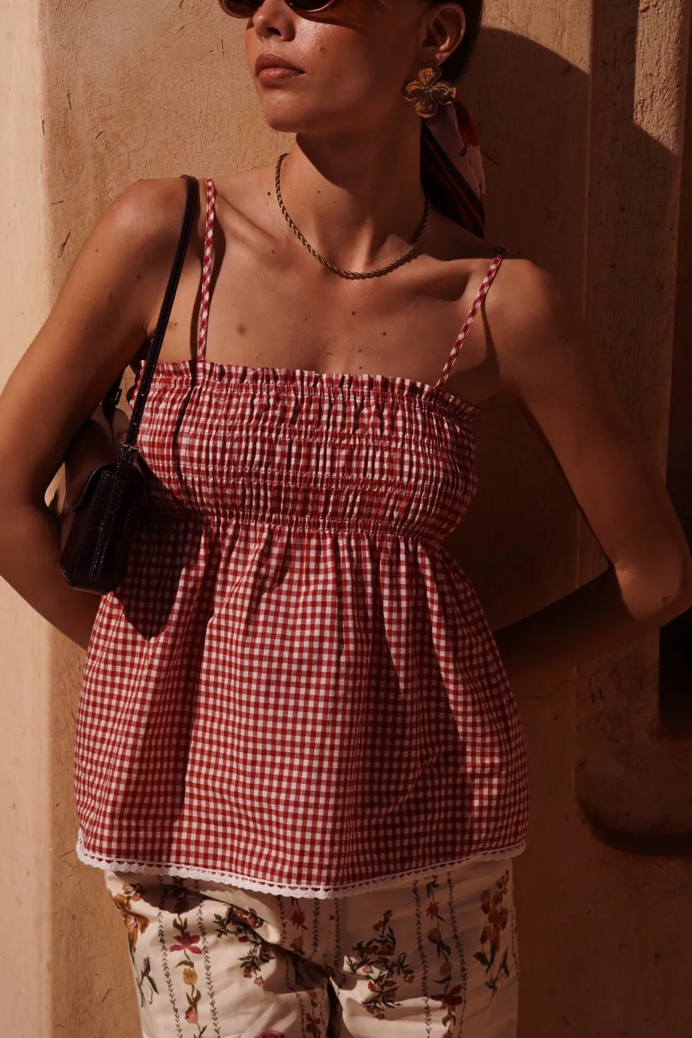 Haut femme vichy rouge 100% coton – Top smocké chic été