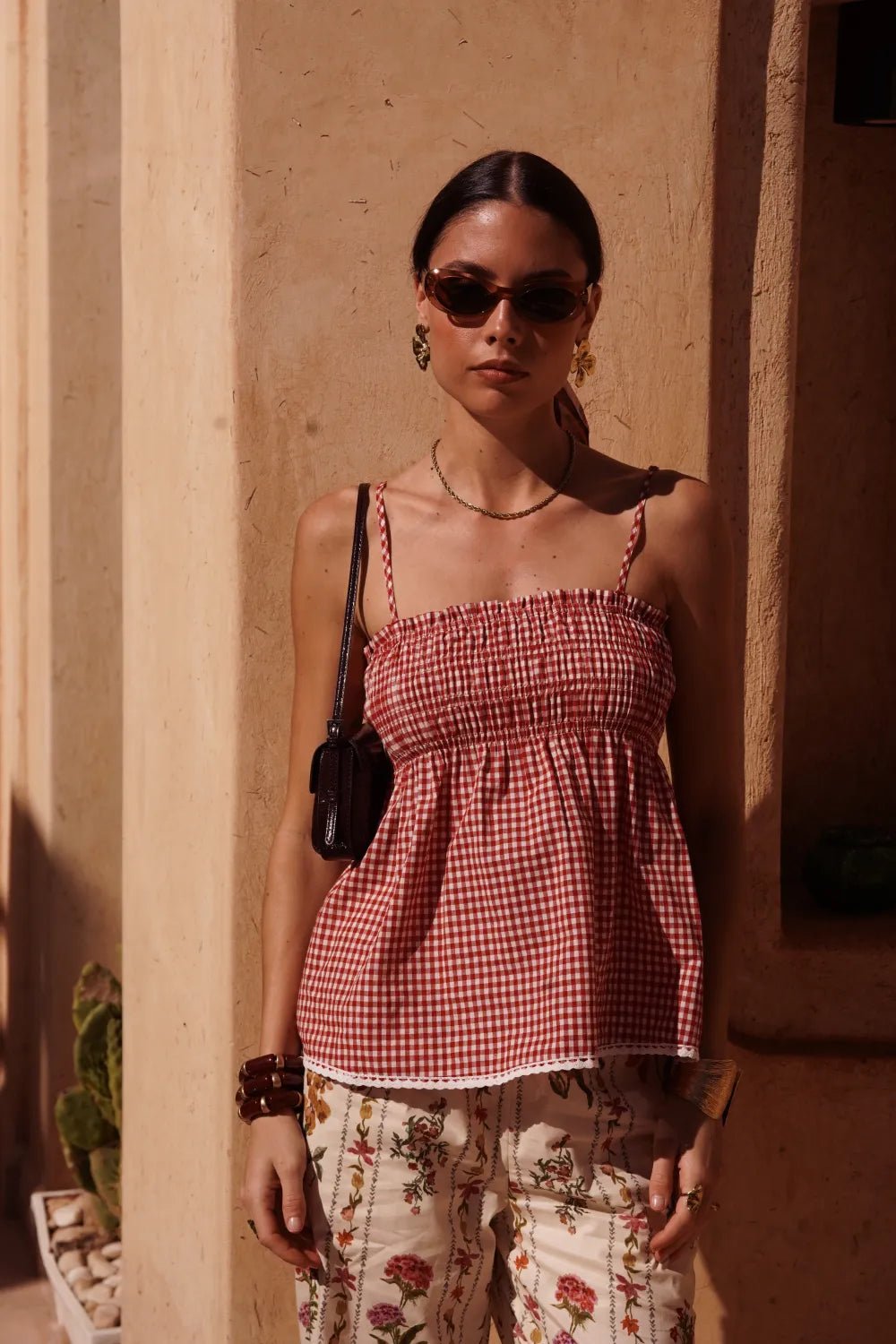 Haut femme vichy rouge 100% coton – Top smocké chic été