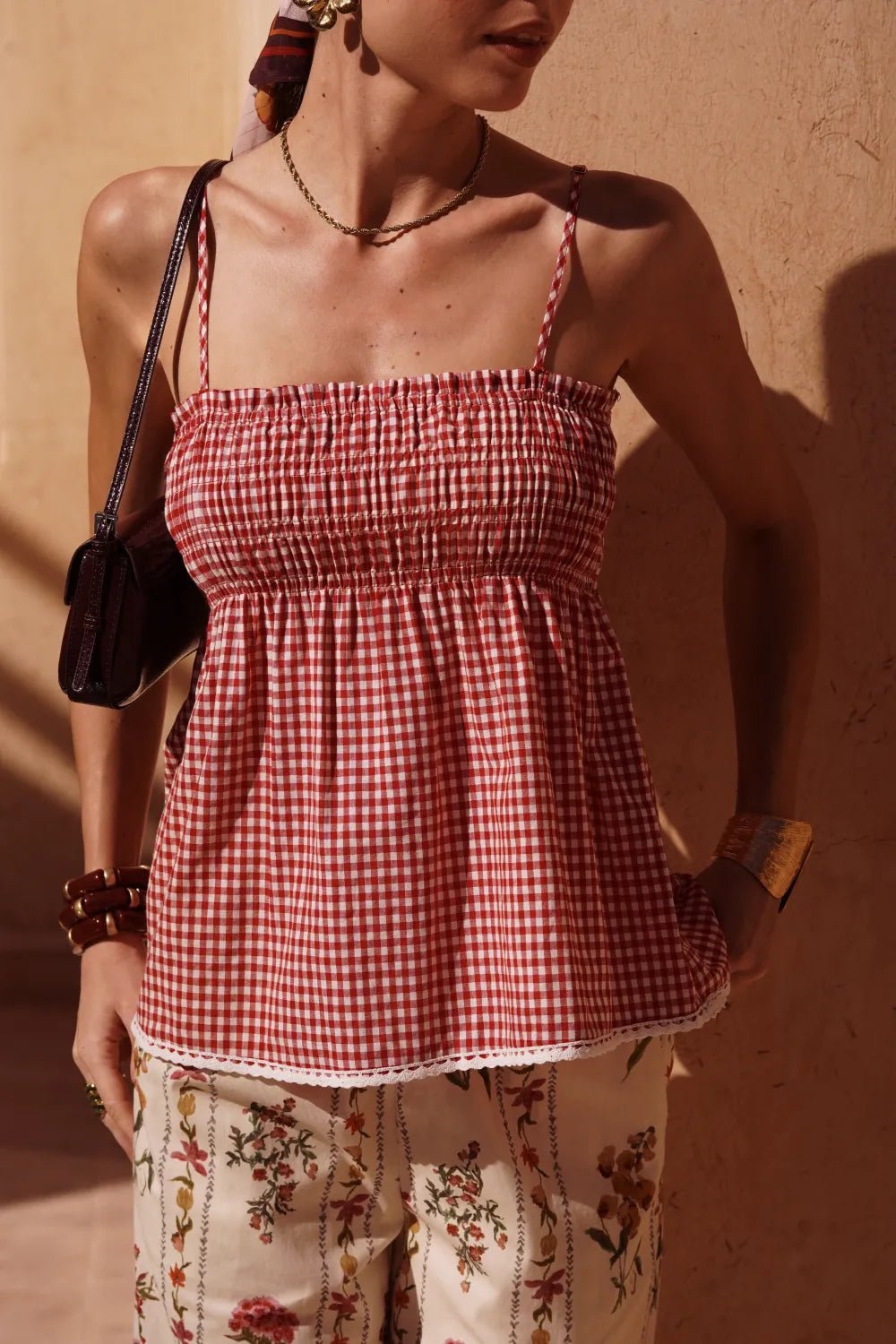 Haut femme vichy rouge 100% coton – Top smocké chic été