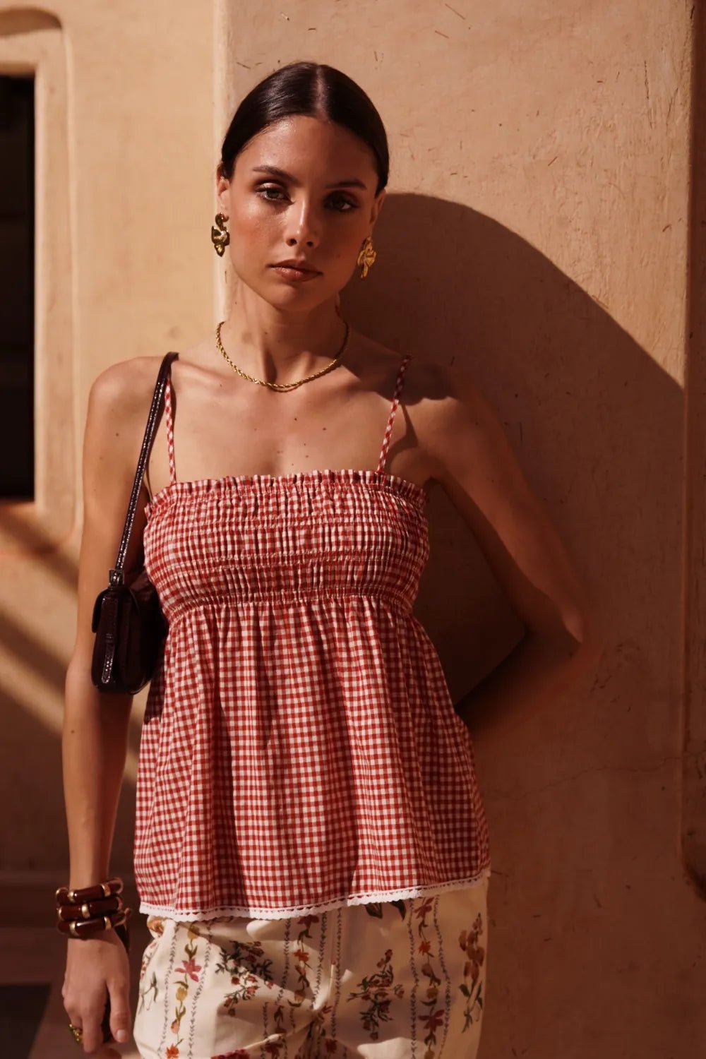 Haut femme vichy rouge 100% coton – Top smocké chic été