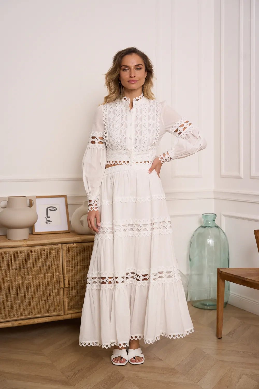 Ensemble Amara – Ensemble bohème chic en coton blanc avec dentelle 100% Coton