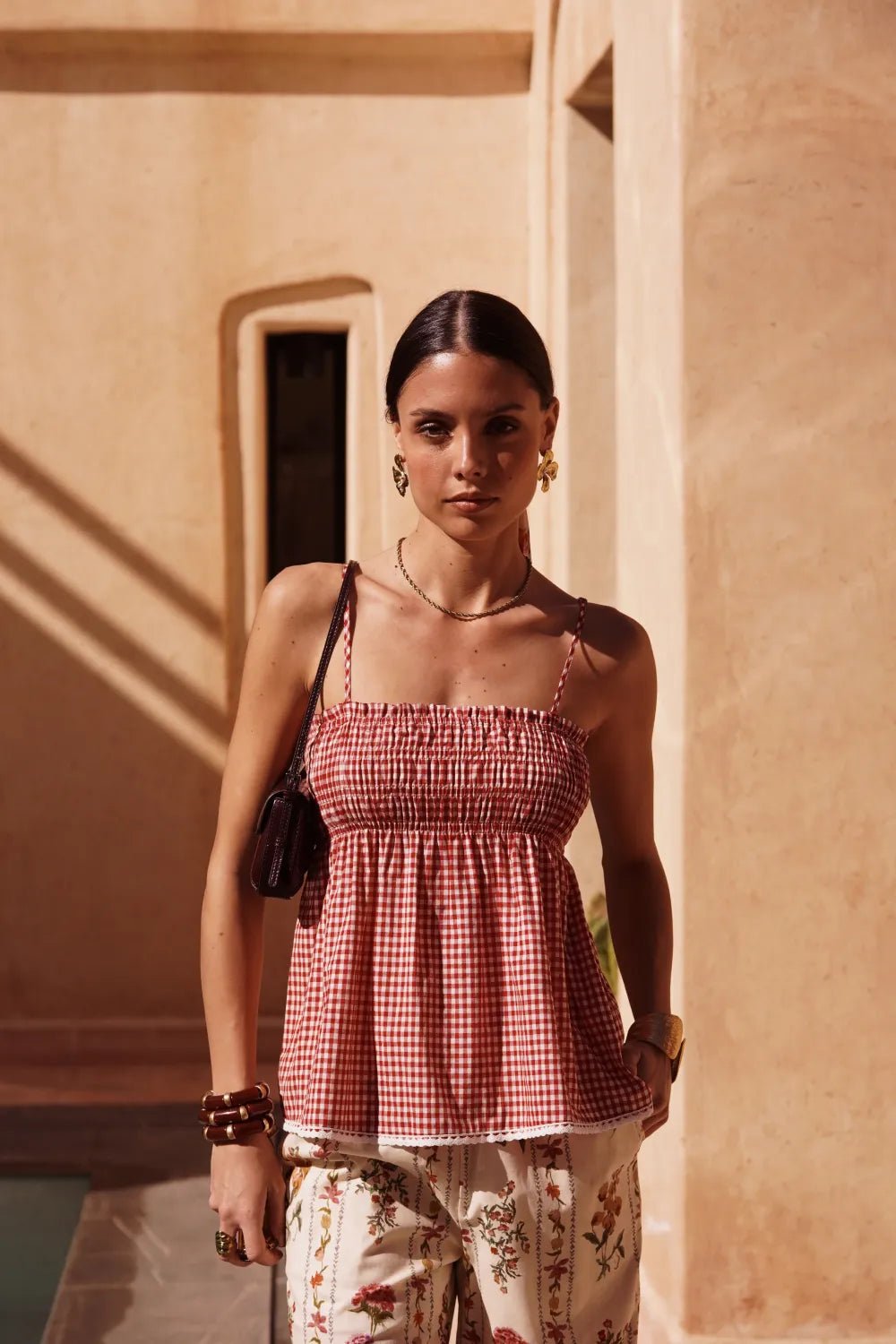 Haut femme vichy rouge 100% coton – Top smocké chic été