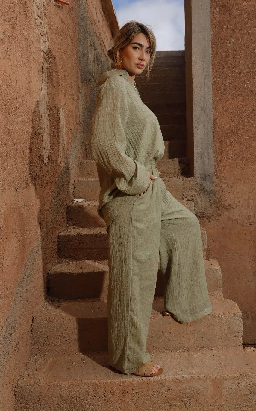 Ensemble OLIVINE – Tunique col chemise et pantalon fluide