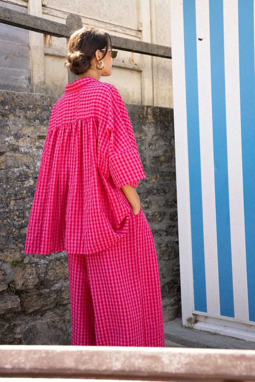 Ensemble Ottoline – Chemise &amp; Pantalon Large Vichy Fuchsia