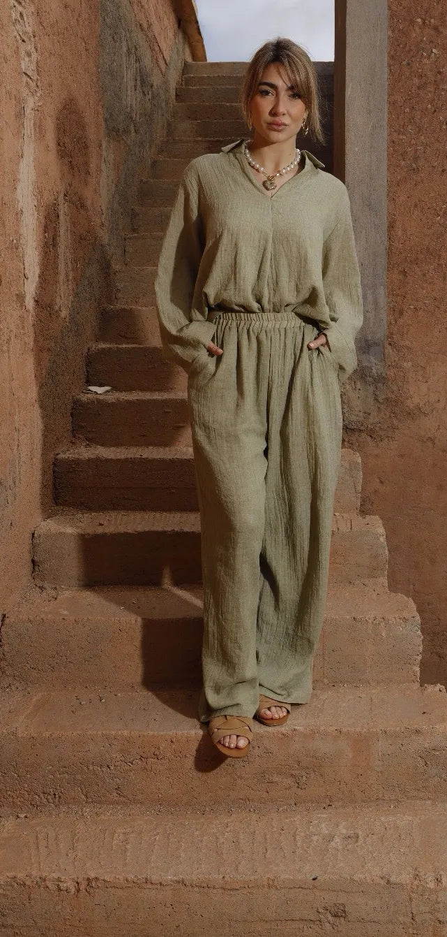 Ensemble OLIVINE – Tunique col chemise et pantalon fluide
