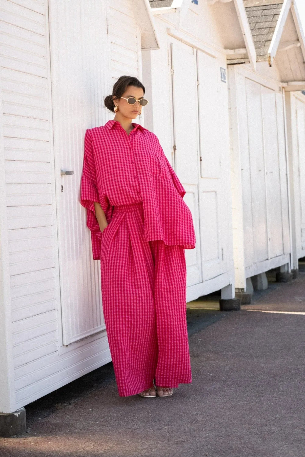 Ensemble Ottoline – Chemise &amp; Pantalon Large Vichy Fuchsia