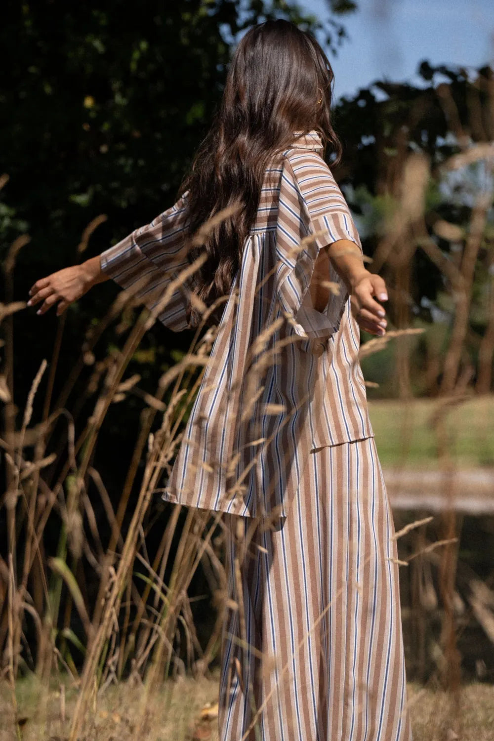 Ensemble Blandine – Chemise oversize et pantalon large rayé - Beige