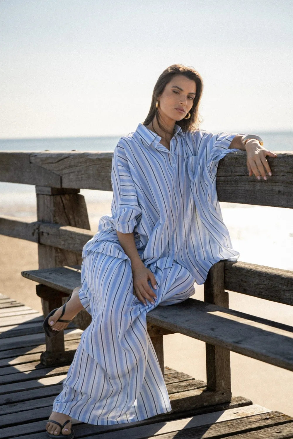 Ensemble femme rayé bleu Blandine en coton avec chemise ample