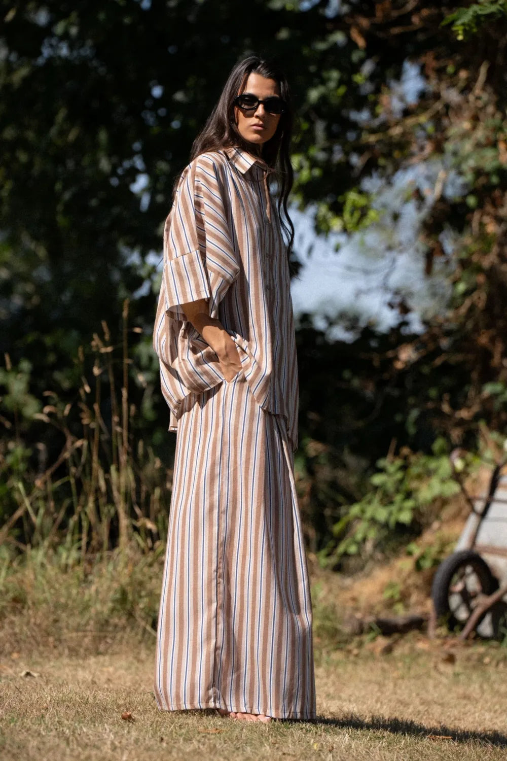 Ensemble Blandine – Chemise oversize et pantalon large rayé - Beige