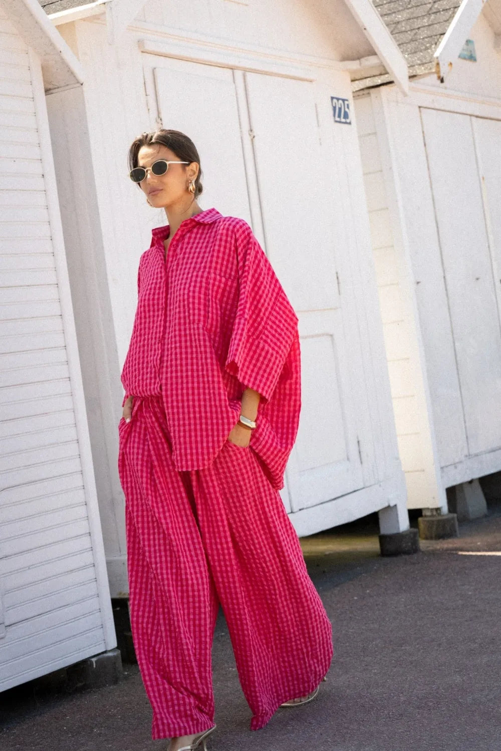 Ensemble Ottoline – Chemise &amp; Pantalon Large Vichy Fuchsia
