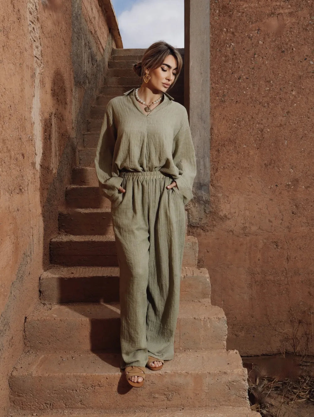 Ensemble OLIVINE – Tunique col chemise et pantalon fluide