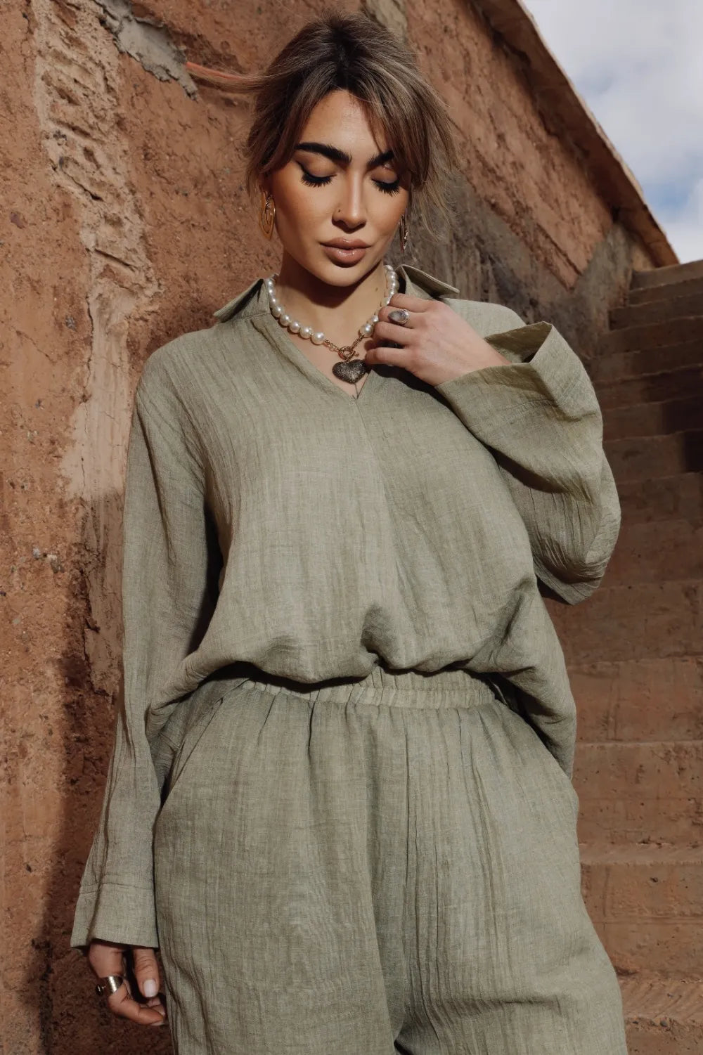 Ensemble OLIVINE – Tunique col chemise et pantalon fluide