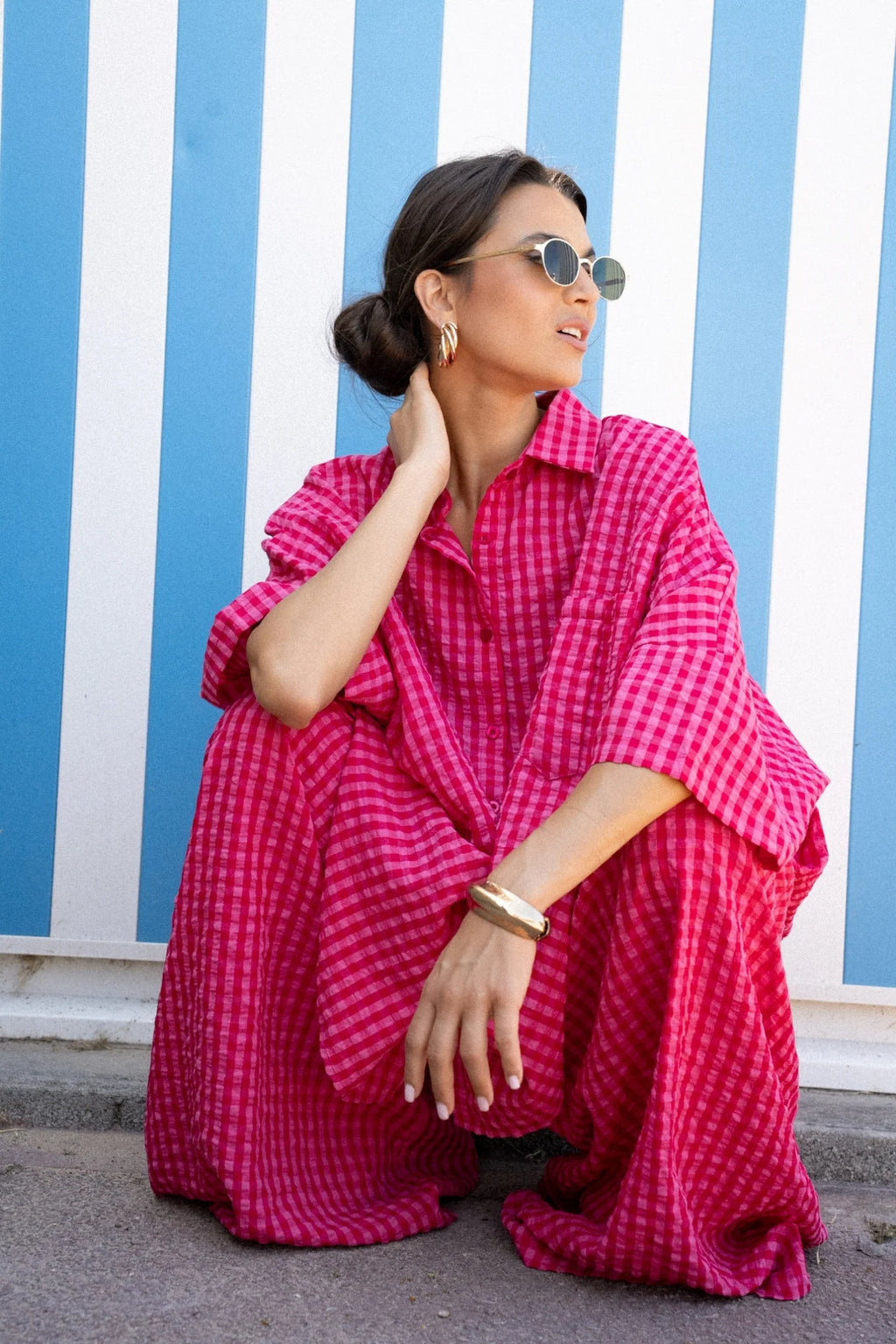 Ensemble Ottoline – Chemise &amp; Pantalon Large Vichy Fuchsia
