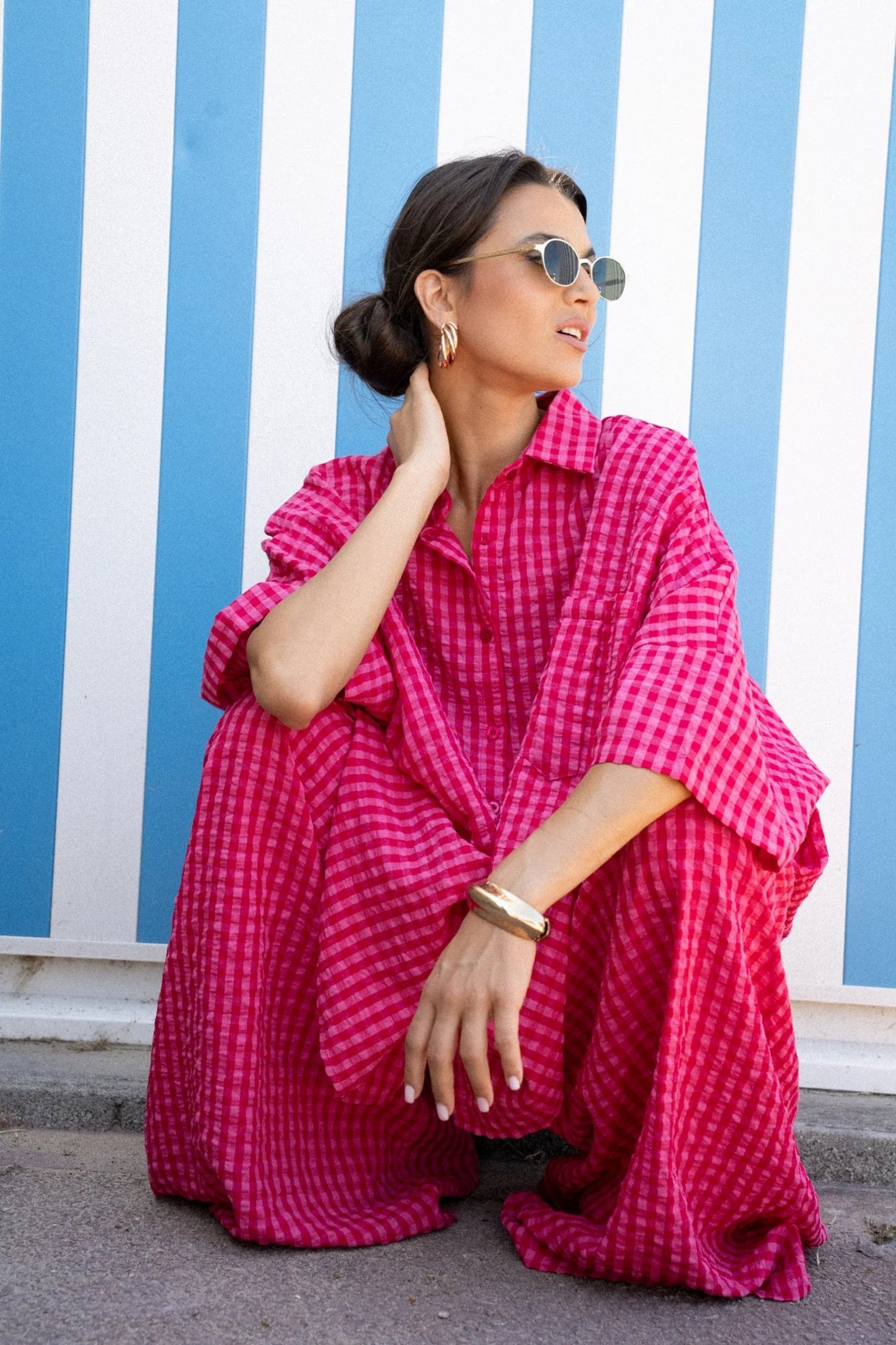 Ensemble Ottoline – Chemise &amp; Pantalon Large Vichy Fuchsia