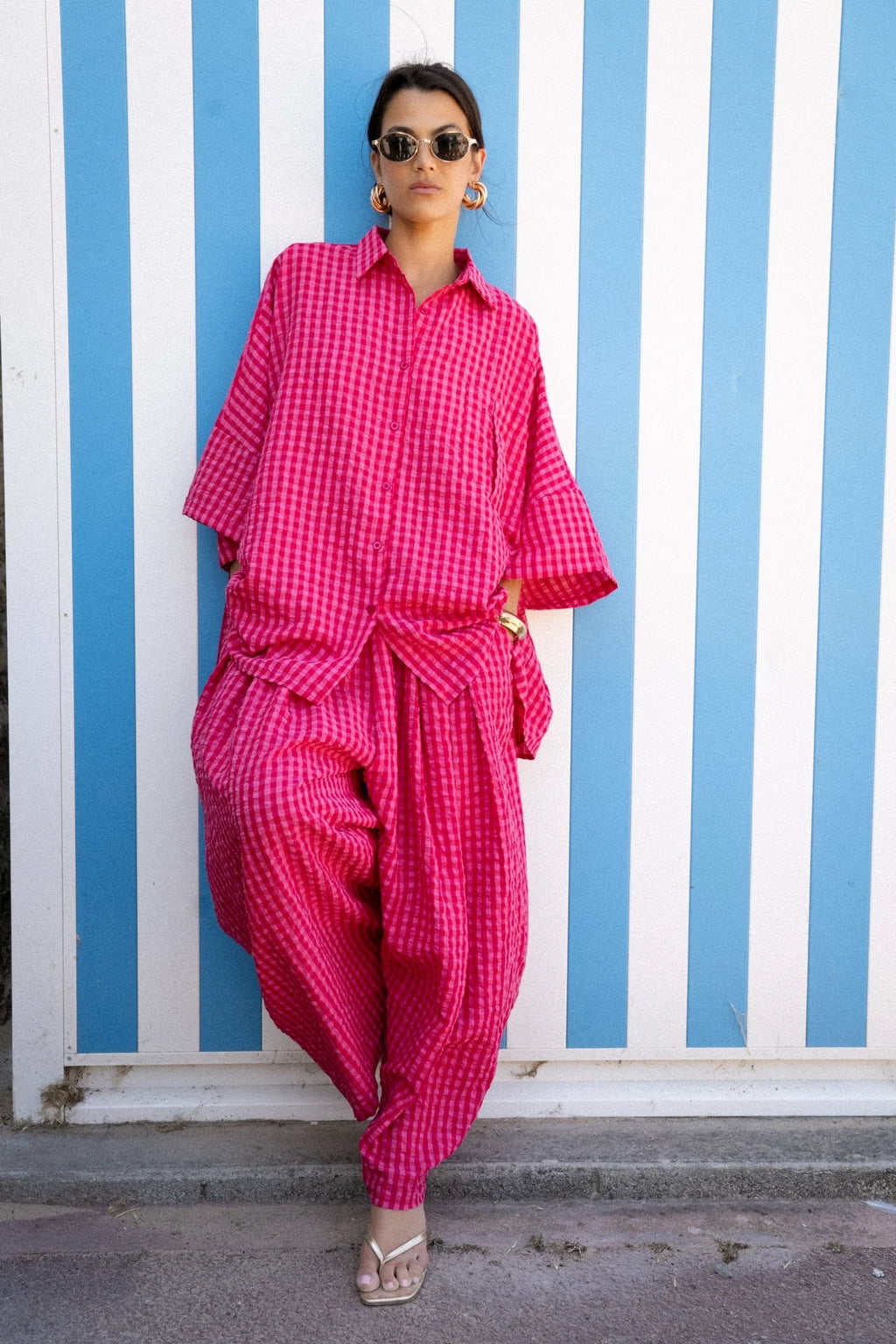 Ensemble Ottoline – Chemise &amp; Pantalon Large Vichy Fuchsia