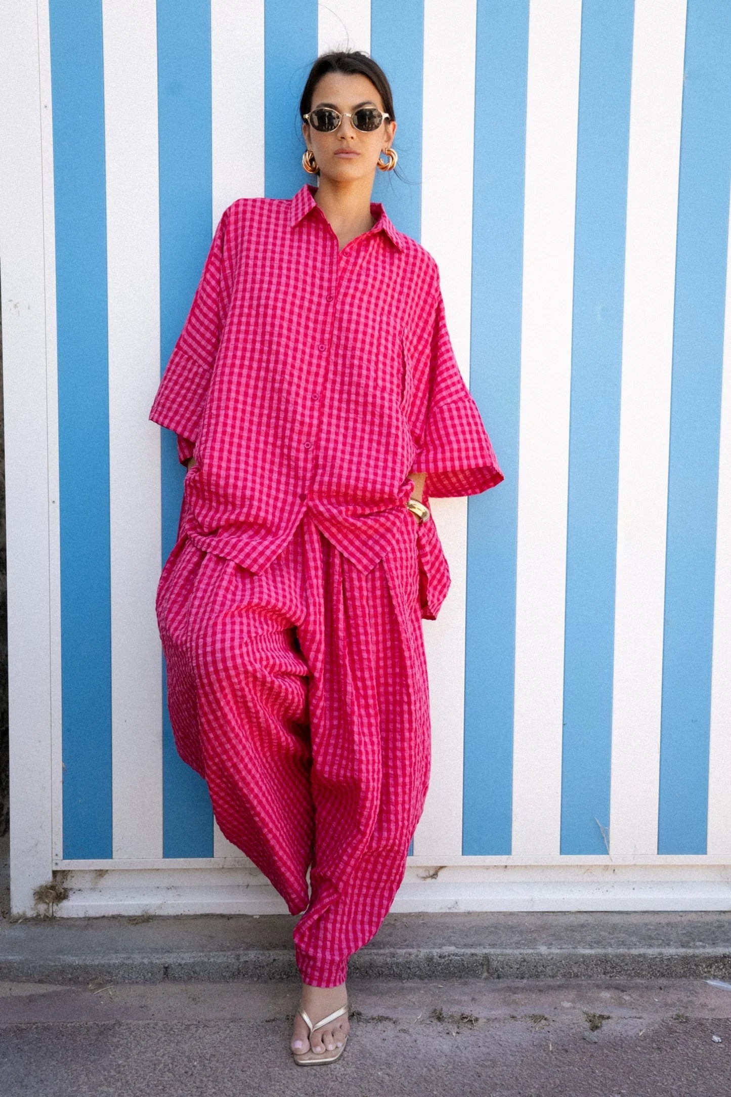 Ensemble Ottoline – Chemise &amp; Pantalon Large Vichy Fuchsia